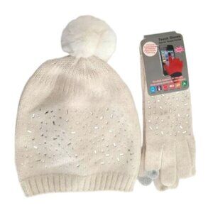 Women's Cream Beige Warm Crystal Knit Fall Winter Pom Pom Hat Touchscreen Glove